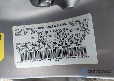 2001 Toyota Sequoia Limited V8 z USA, uszkodzony, nr VIN 5TDBT48AX1S030187